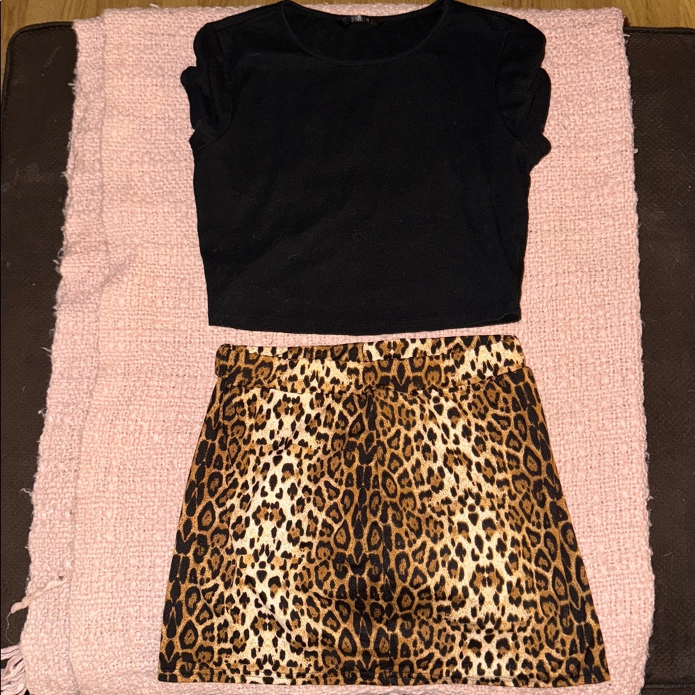 Black Top and Leopard Print Skirt Set